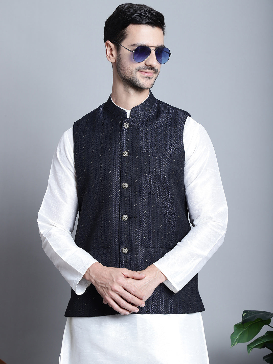 Jompers Men's Woven Design Nehru Jacket With Kurta Pyjama Set - Navy Blue