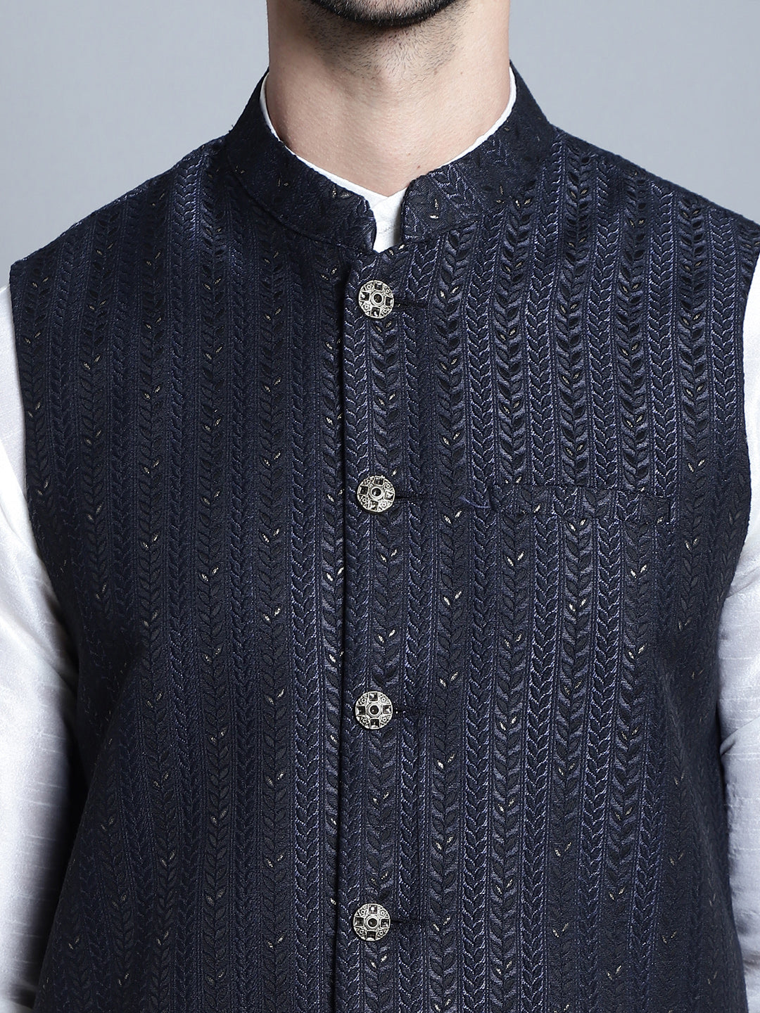Jompers Men's Woven Design Nehru Jacket With Kurta Pyjama Set - Navy Blue