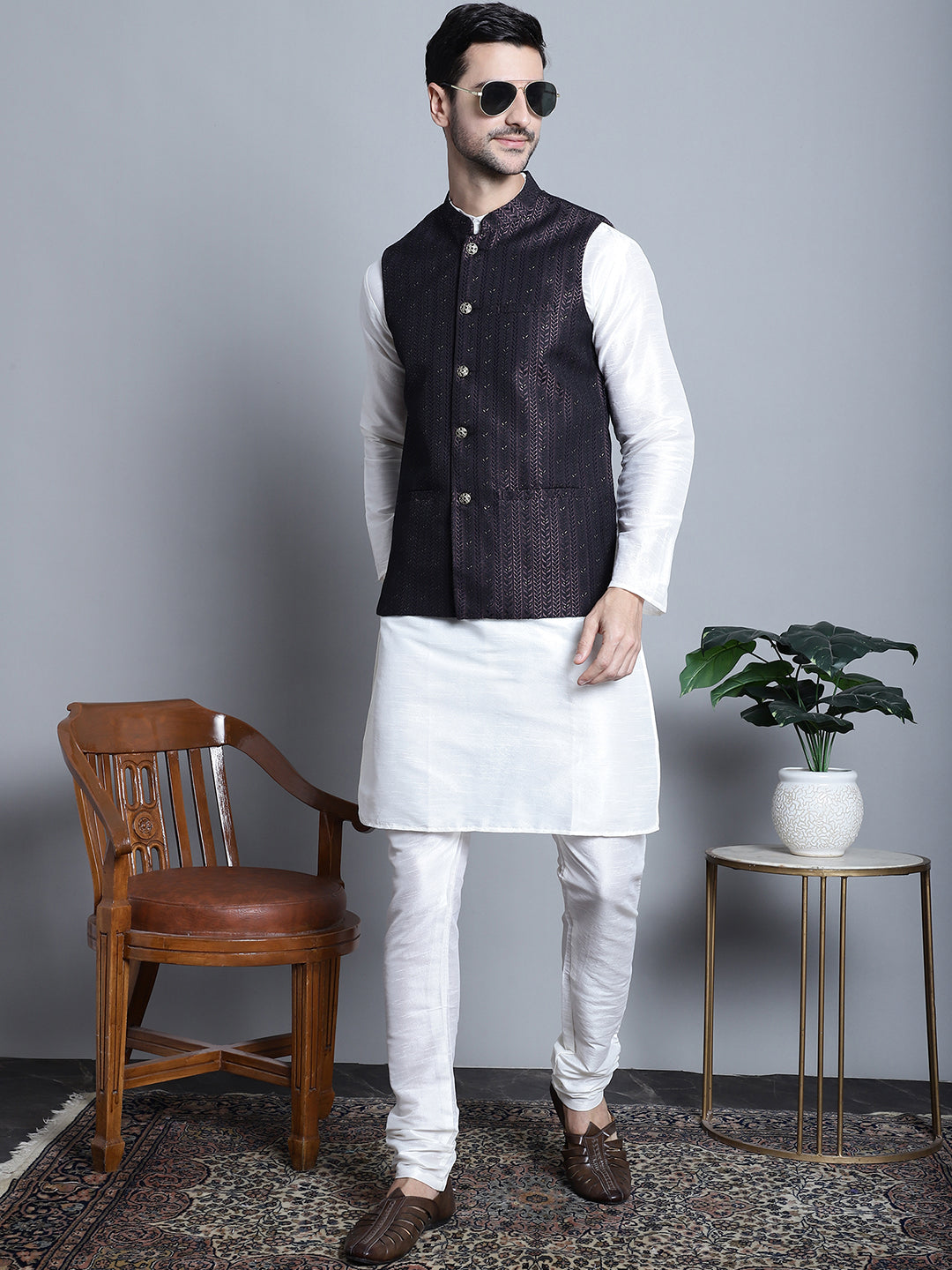 Jompers Men's Woven Design Nehru Jacket With Kurta Pyjama Set - Purple