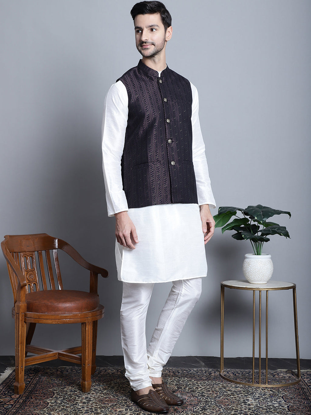 Jompers Men's Woven Design Nehru Jacket With Kurta Pyjama Set - Purple