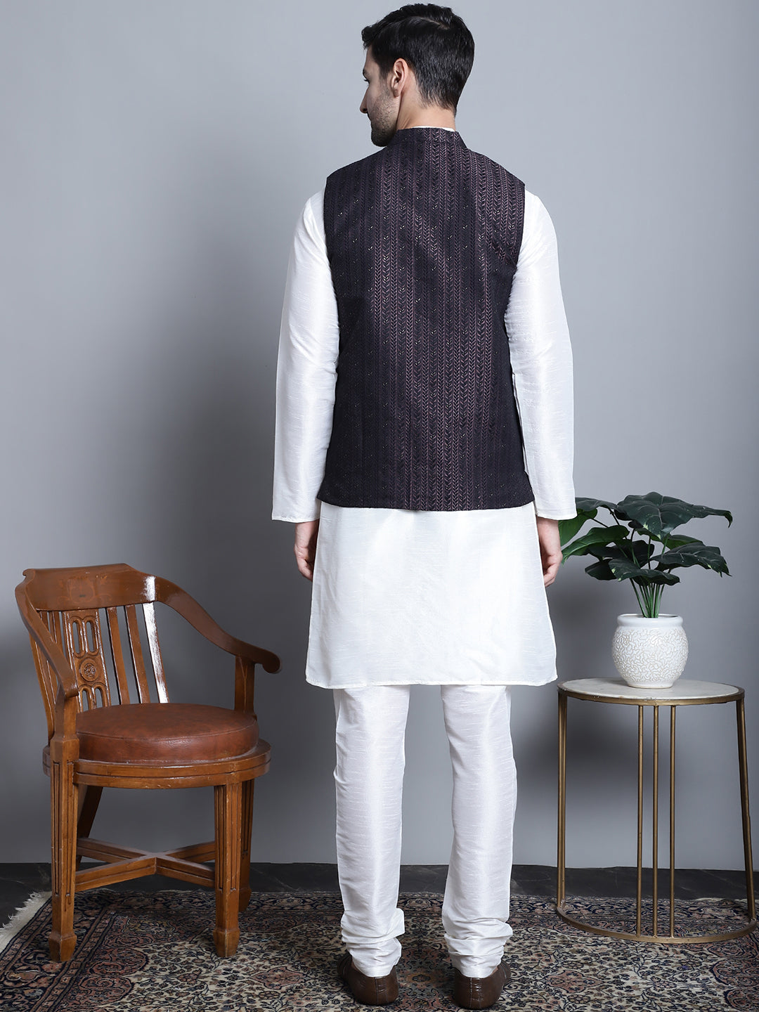 Jompers Men's Woven Design Nehru Jacket With Kurta Pyjama Set - Purple