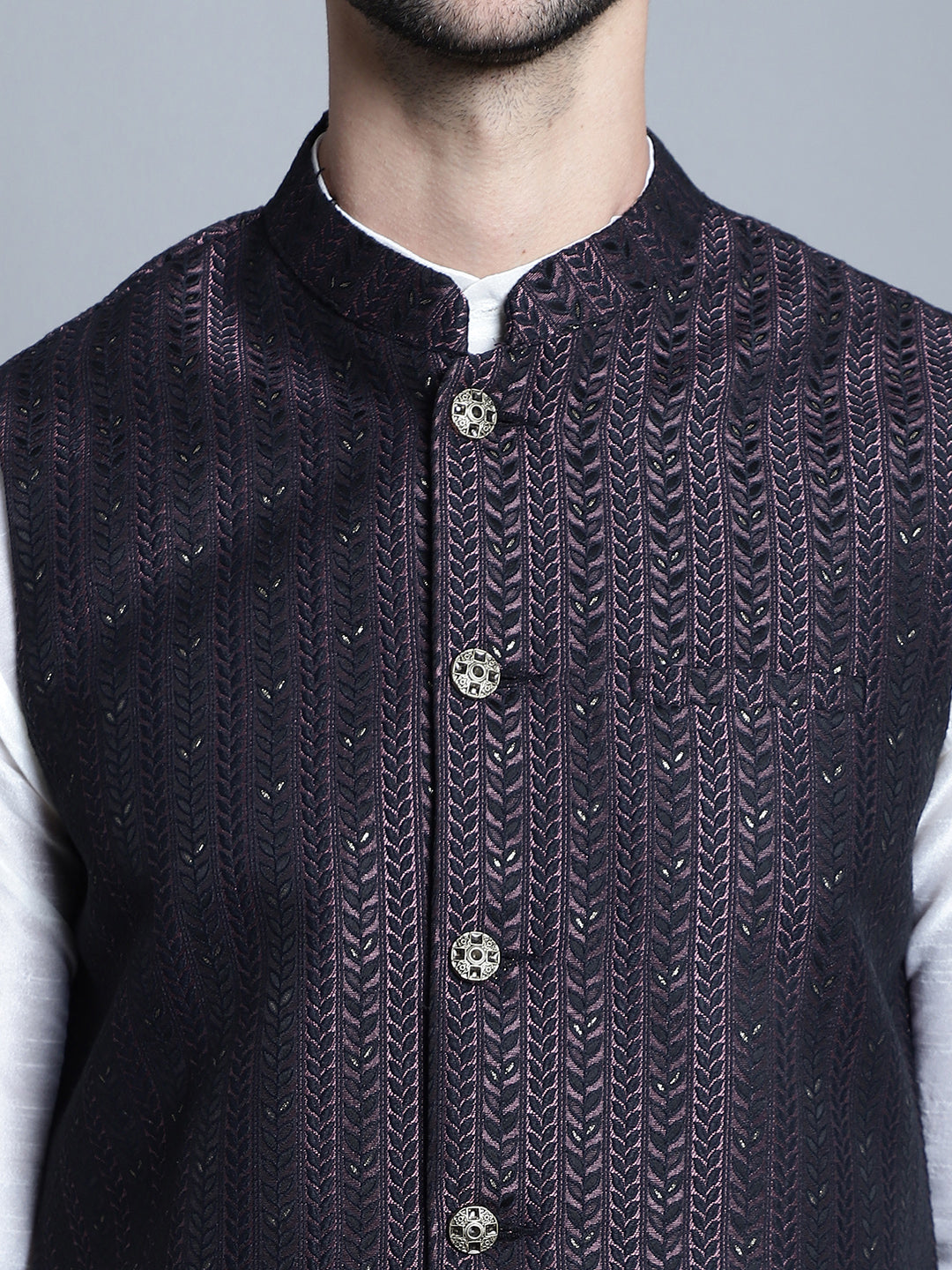Jompers Men's Woven Design Nehru Jacket With Kurta Pyjama Set - Purple