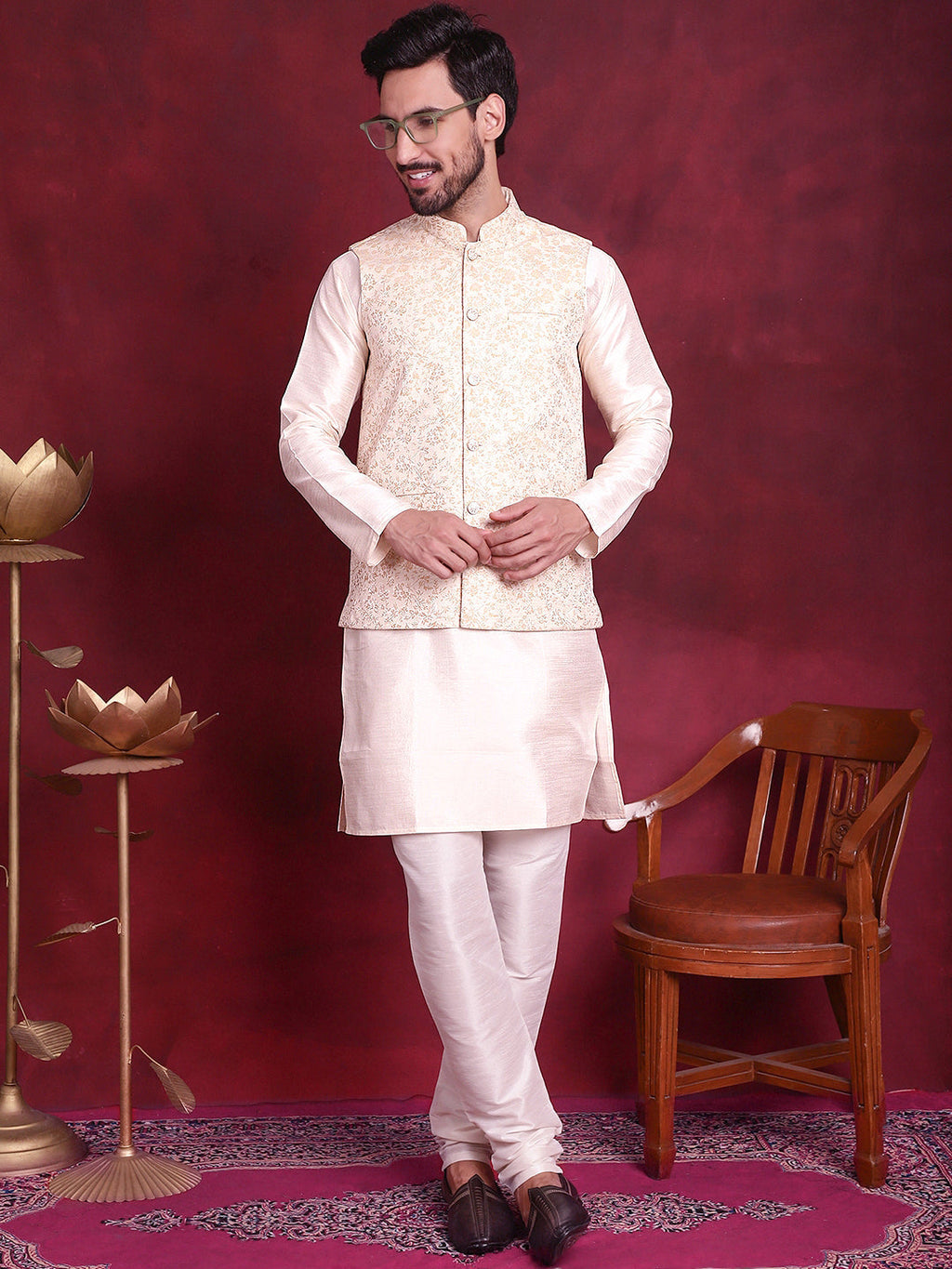 Jompers Men's Woven Design Nehru Jacket With Kurta Pyjama Set - Cream