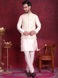 Jompers Men's Woven Design Nehru Jacket With Kurta Pyjama Set - Cream