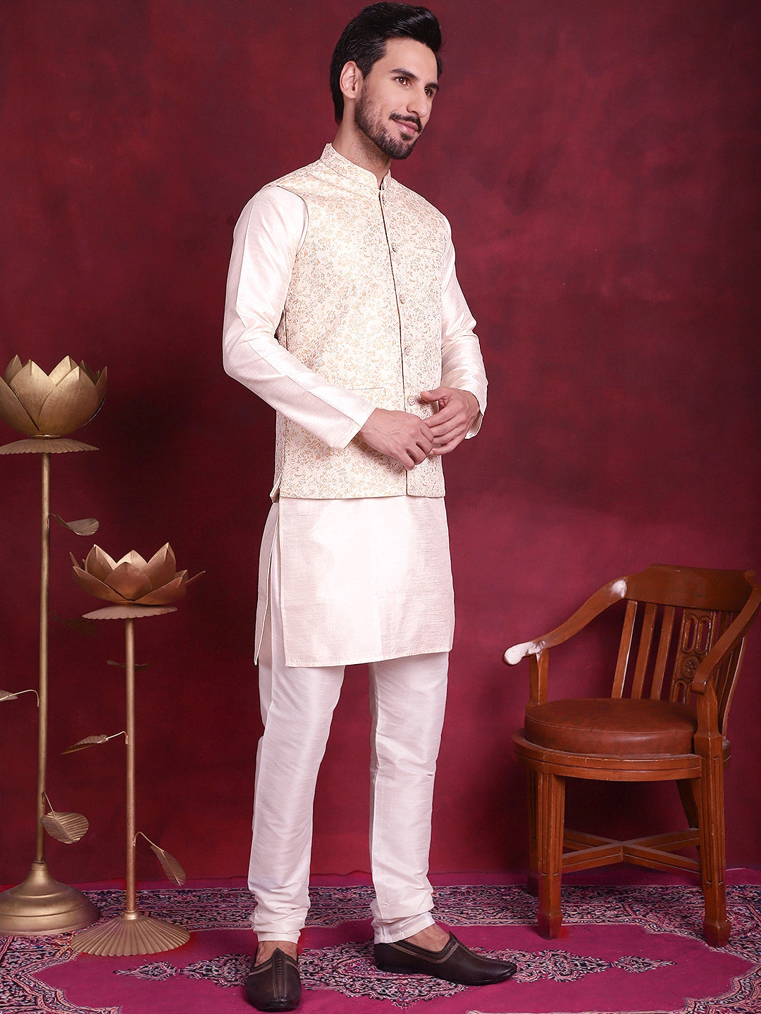 Jompers Men's Woven Design Nehru Jacket With Kurta Pyjama Set - Cream