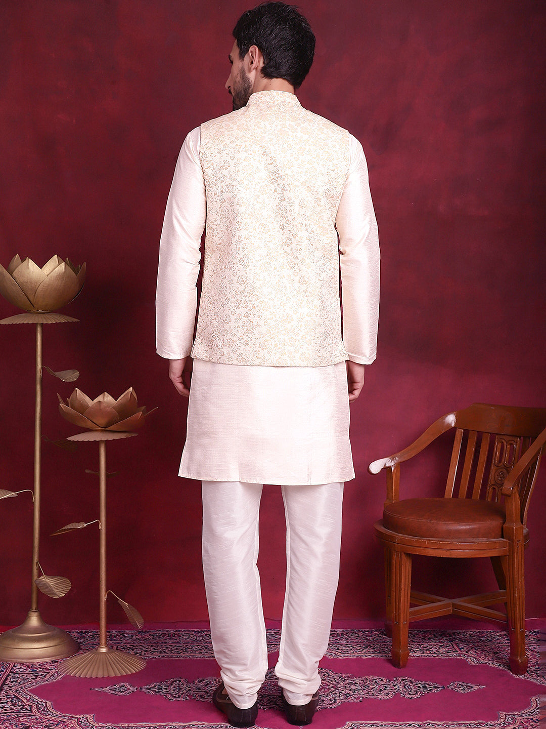 Jompers Men's Woven Design Nehru Jacket With Kurta Pyjama Set - Cream
