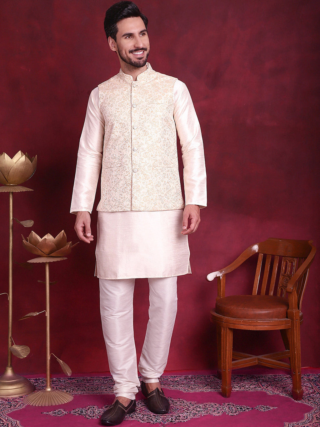 Jompers Men's Woven Design Nehru Jacket With Kurta Pyjama Set - Cream