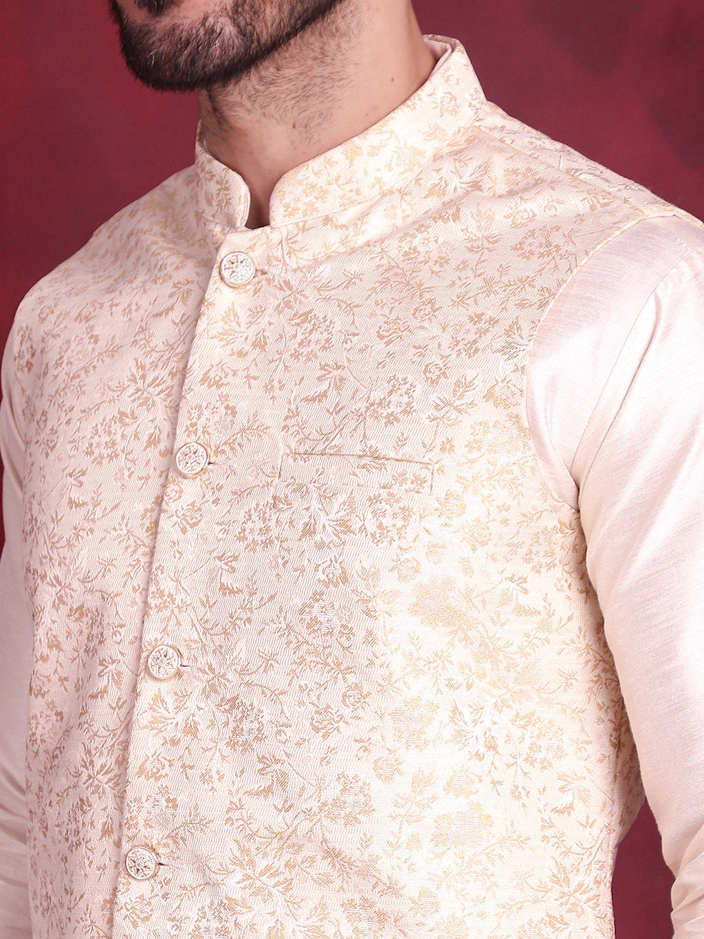 Jompers Men's Woven Design Nehru Jacket With Kurta Pyjama Set - Cream