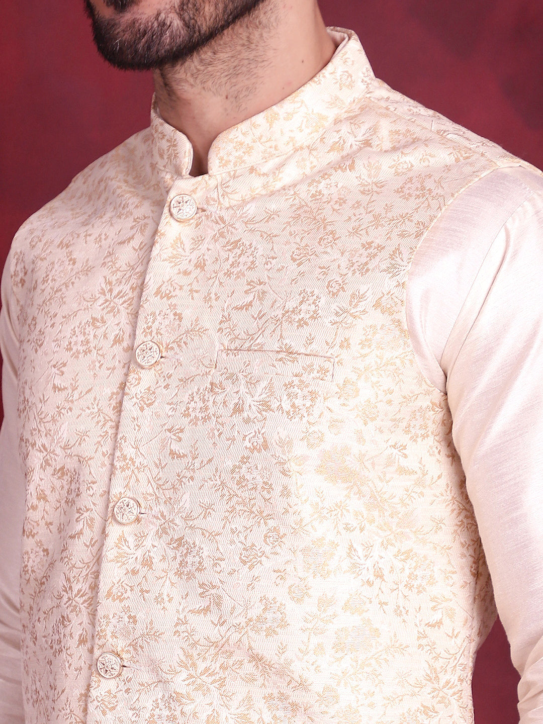 Jompers Men's Woven Design Nehru Jacket With Kurta Pyjama Set - Cream