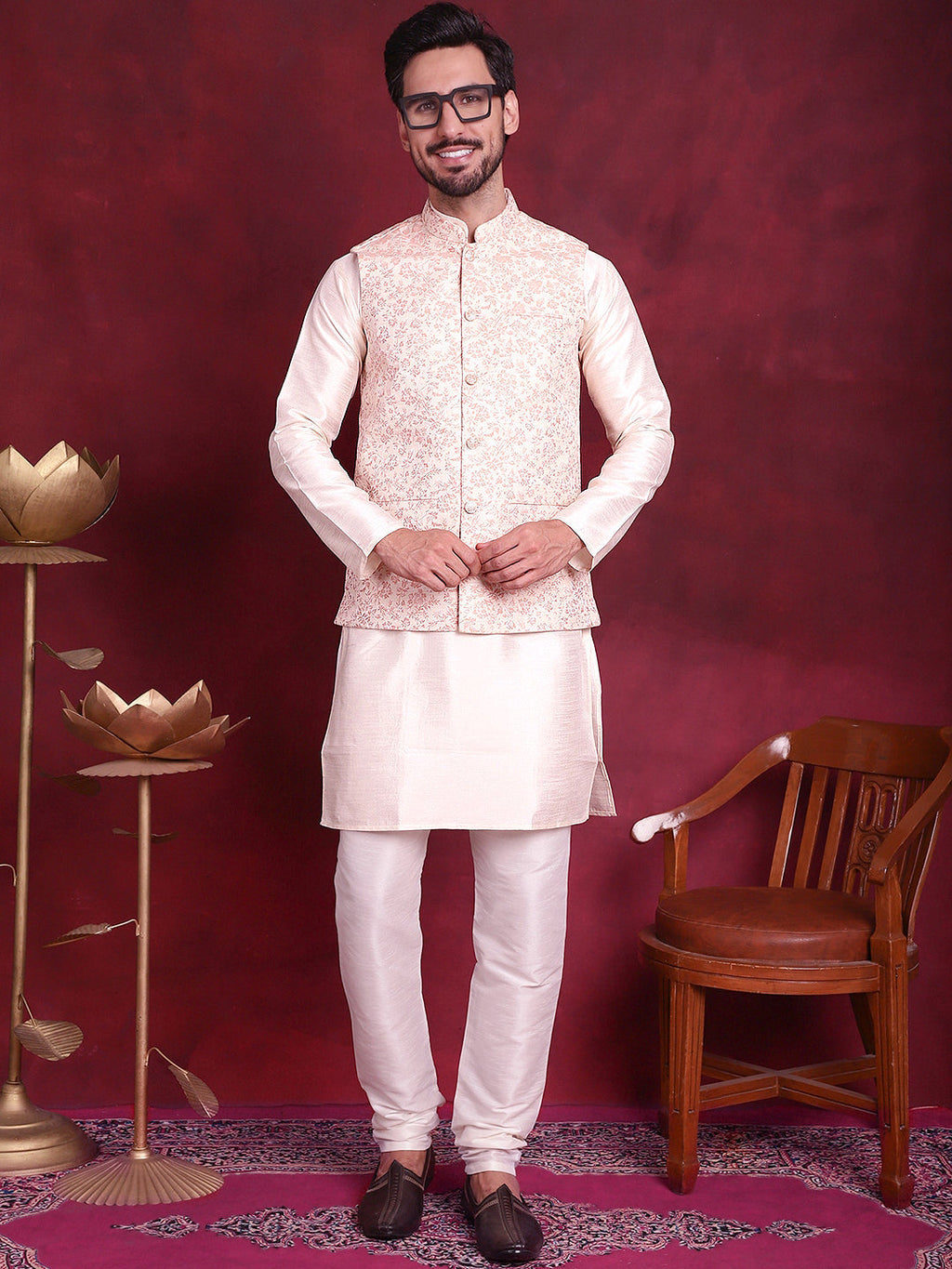 Jompers Men's Woven Design Nehru Jacket With Kurta Pyjama Set - Pink