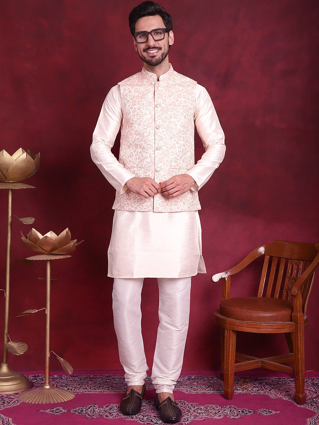 Jompers Men's Woven Design Nehru Jacket With Kurta Pyjama Set - Pink