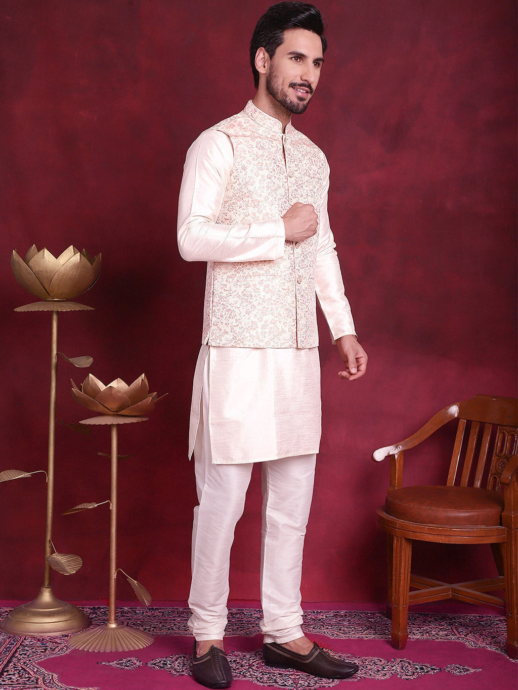 Jompers Men's Woven Design Nehru Jacket With Kurta Pyjama Set - Pink