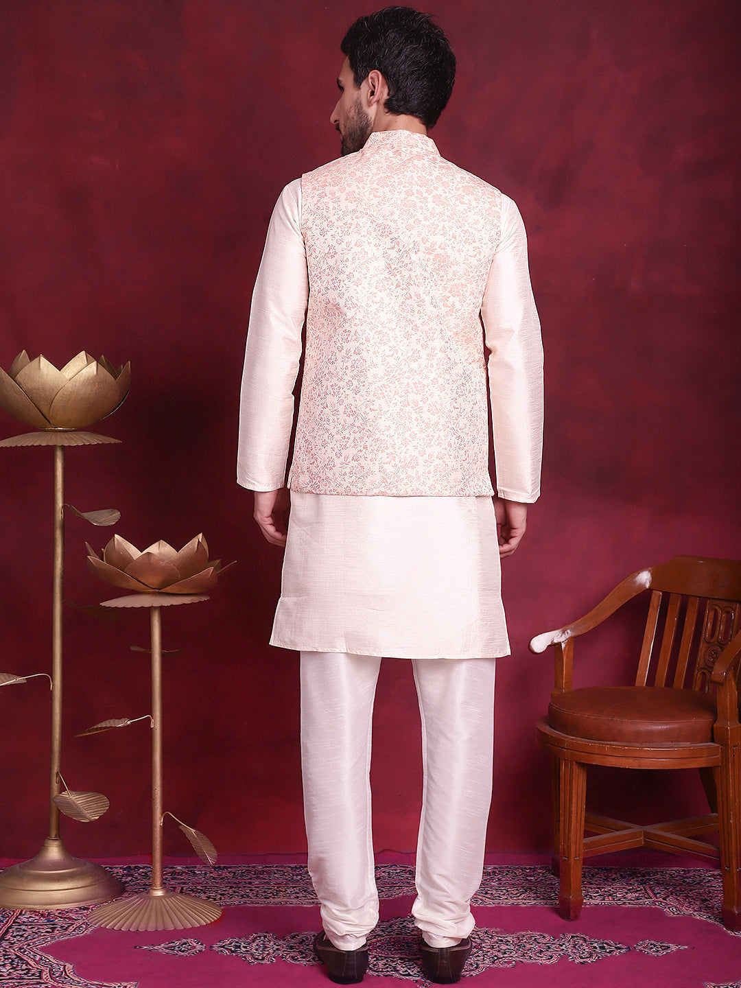 Jompers Men's Woven Design Nehru Jacket With Kurta Pyjama Set - Pink