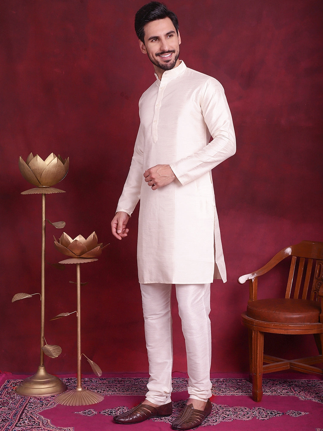 Jompers Men's Woven Design Nehru Jacket With Kurta Pyjama Set - Pink