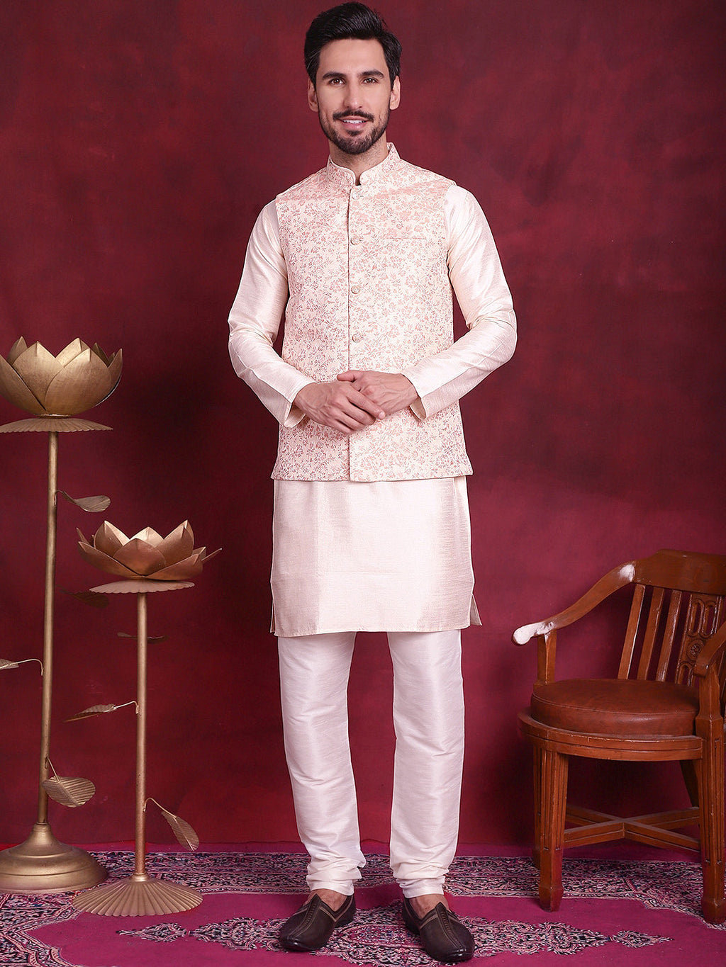 Jompers Men's Woven Design Nehru Jacket With Kurta Pyjama Set - Pink