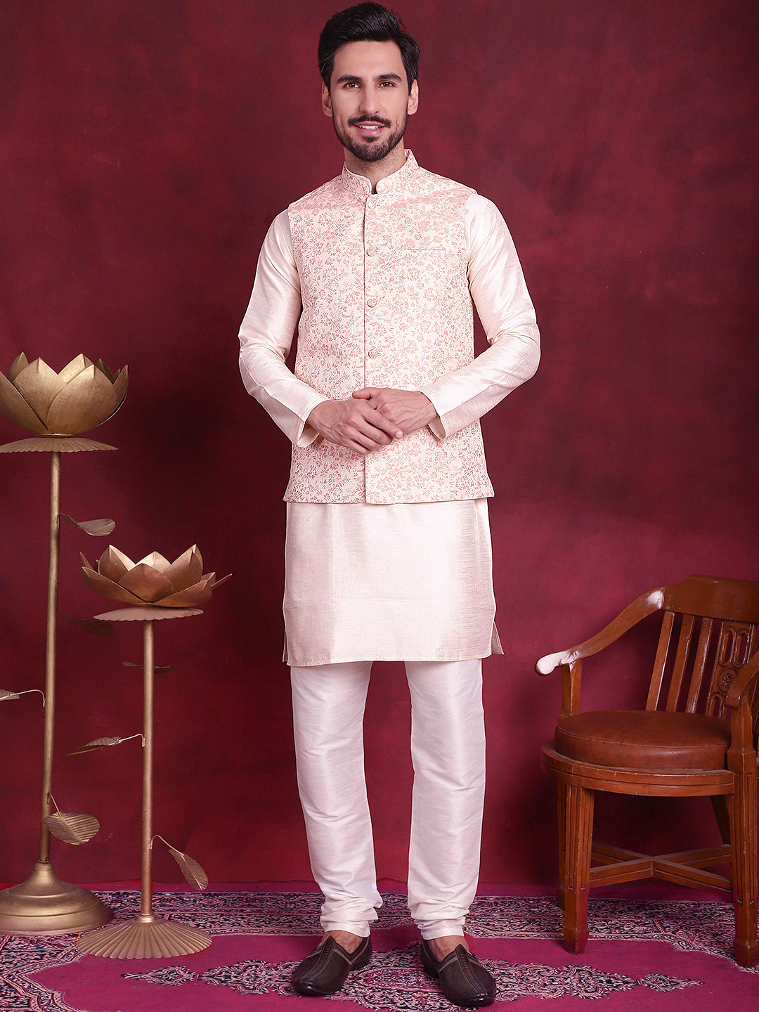 Jompers Men's Woven Design Nehru Jacket With Kurta Pyjama Set - Pink