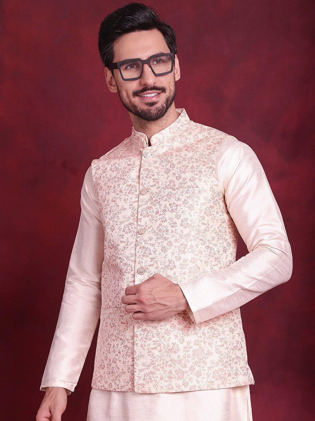 Jompers Men's Woven Design Nehru Jacket With Kurta Pyjama Set - Pink