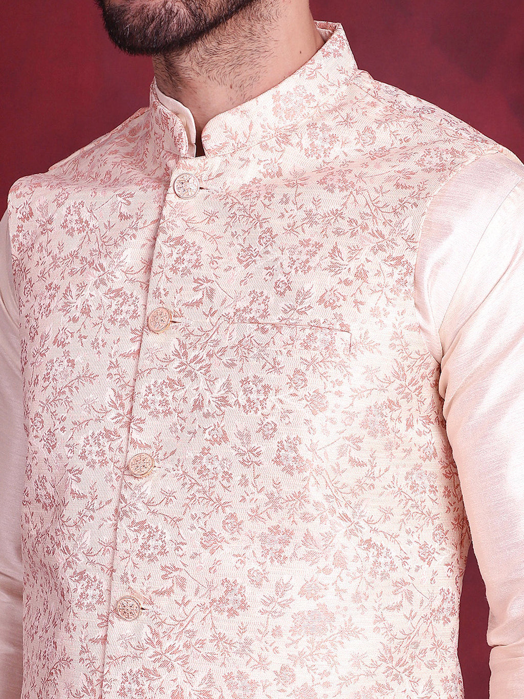 Jompers Men's Woven Design Nehru Jacket With Kurta Pyjama Set - Pink