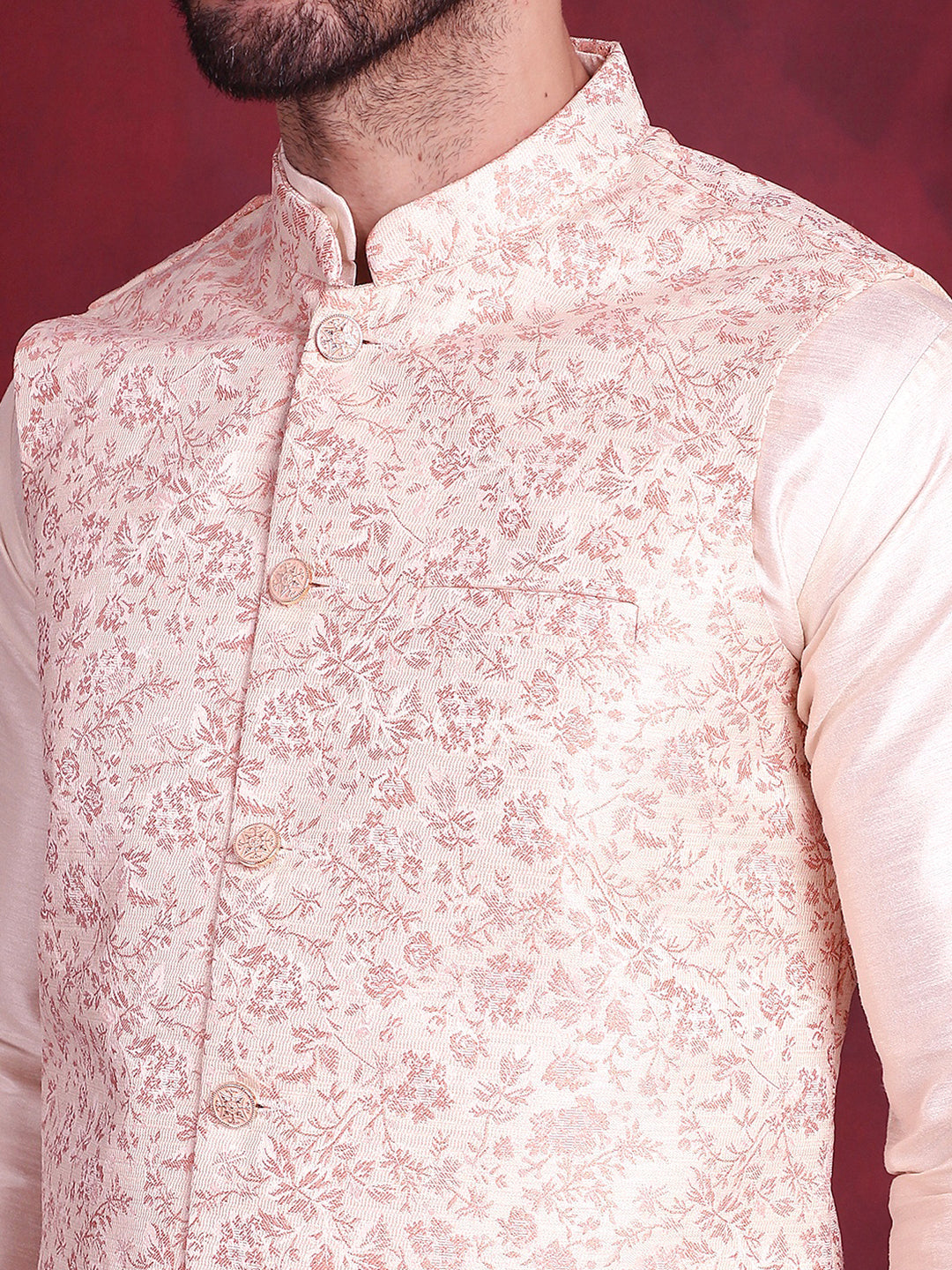 Jompers Men's Woven Design Nehru Jacket With Kurta Pyjama Set - Pink