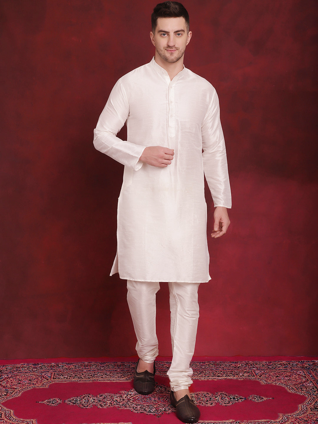 Jompers Men's White Floral Printed Nehru Jacket With Kurta Pyjama Set