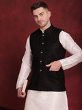 Jompers Men's Black Woven Design Nehru Jacket With Kurta Pyjama Set