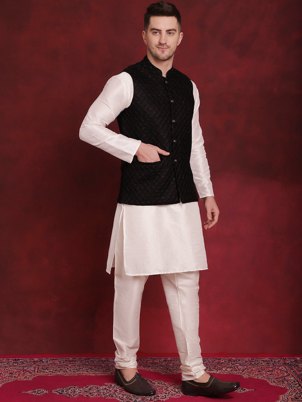 Jompers Men's Black Woven Design Nehru Jacket With Kurta Pyjama Set