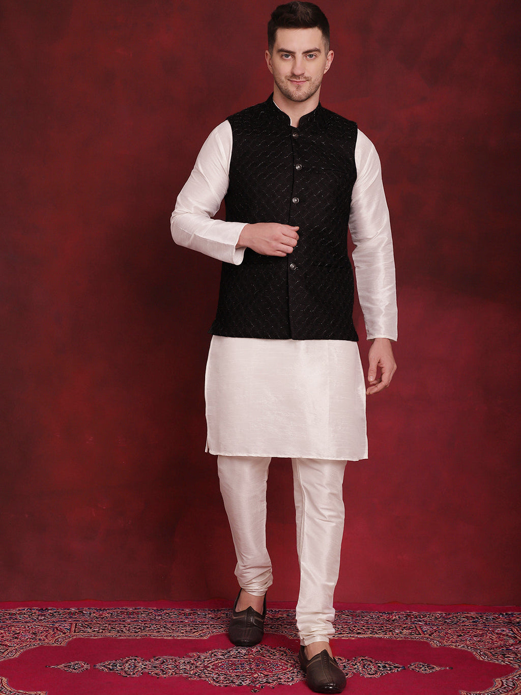 Jompers Men's Black Woven Design Nehru Jacket With Kurta Pyjama Set