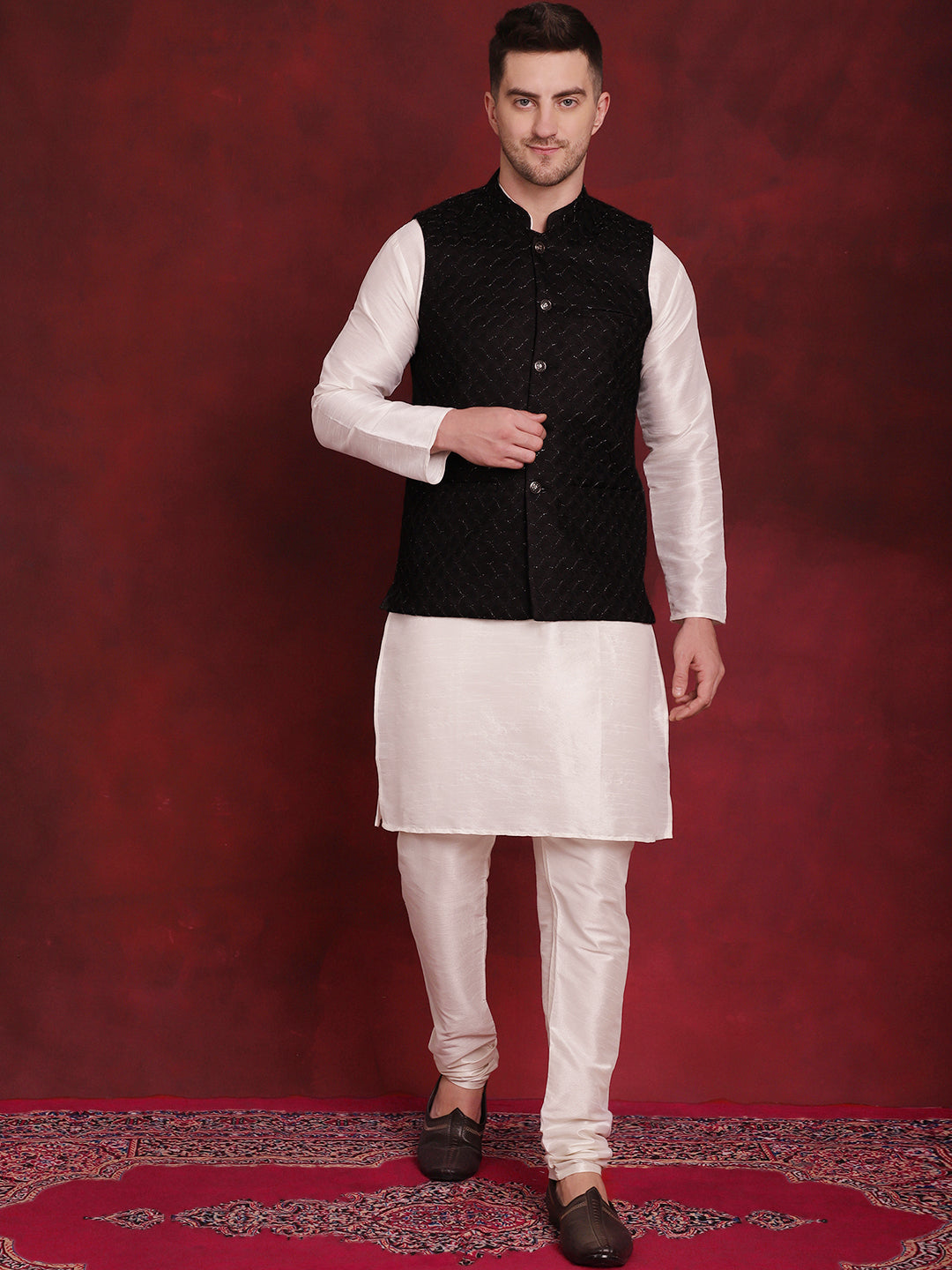 Jompers Men's Black Woven Design Nehru Jacket With Kurta Pyjama Set