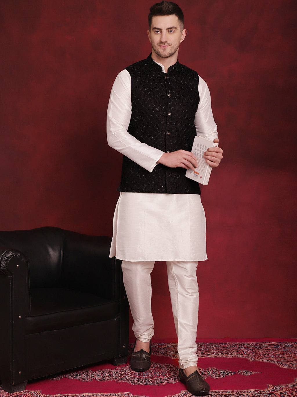 Jompers Men's Black Woven Design Nehru Jacket With Kurta Pyjama Set
