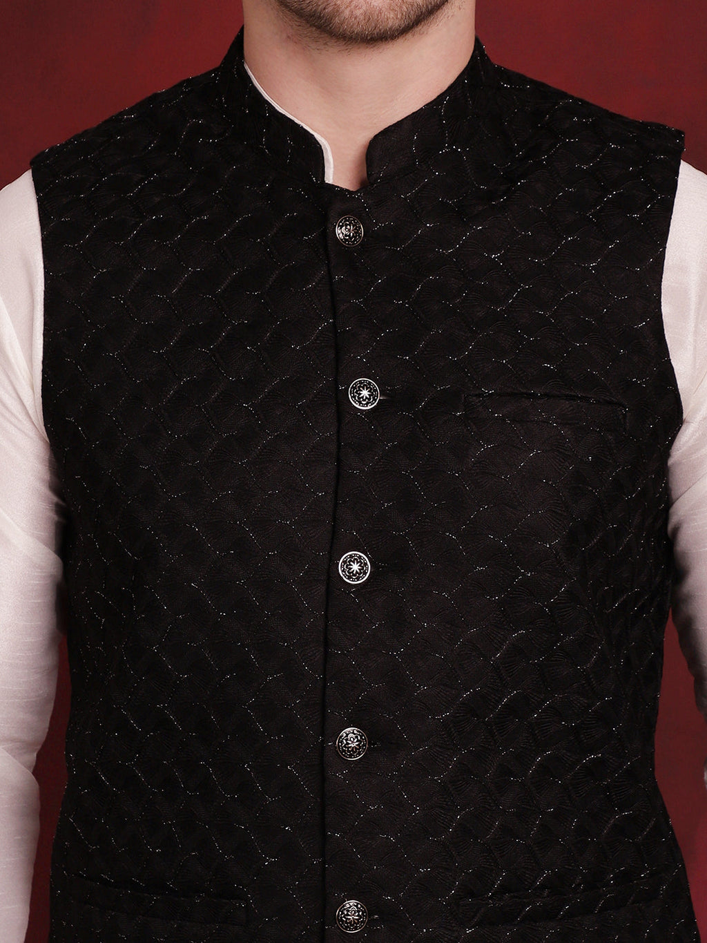 Jompers Men's Black Woven Design Nehru Jacket With Kurta Pyjama Set