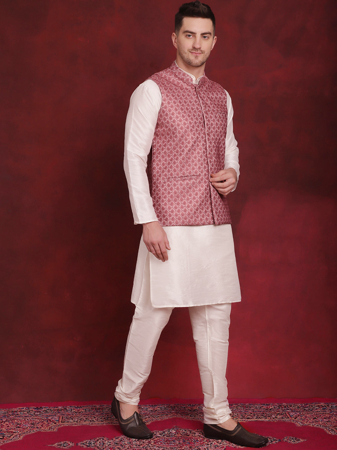 Jompers Men's Coral Woven Design Nehru Jacket With Kurta Pyjama Set