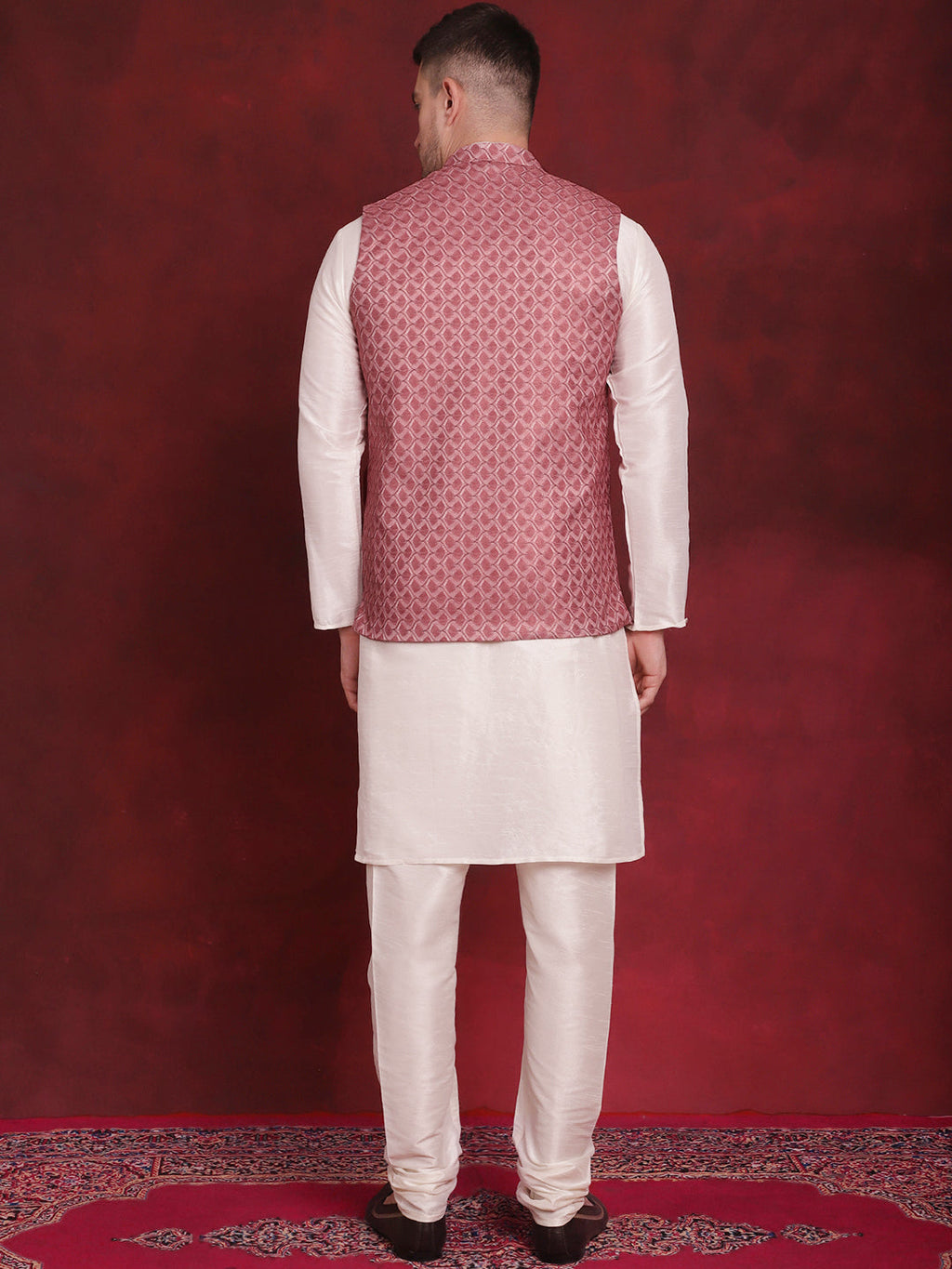 Jompers Men's Coral Woven Design Nehru Jacket With Kurta Pyjama Set