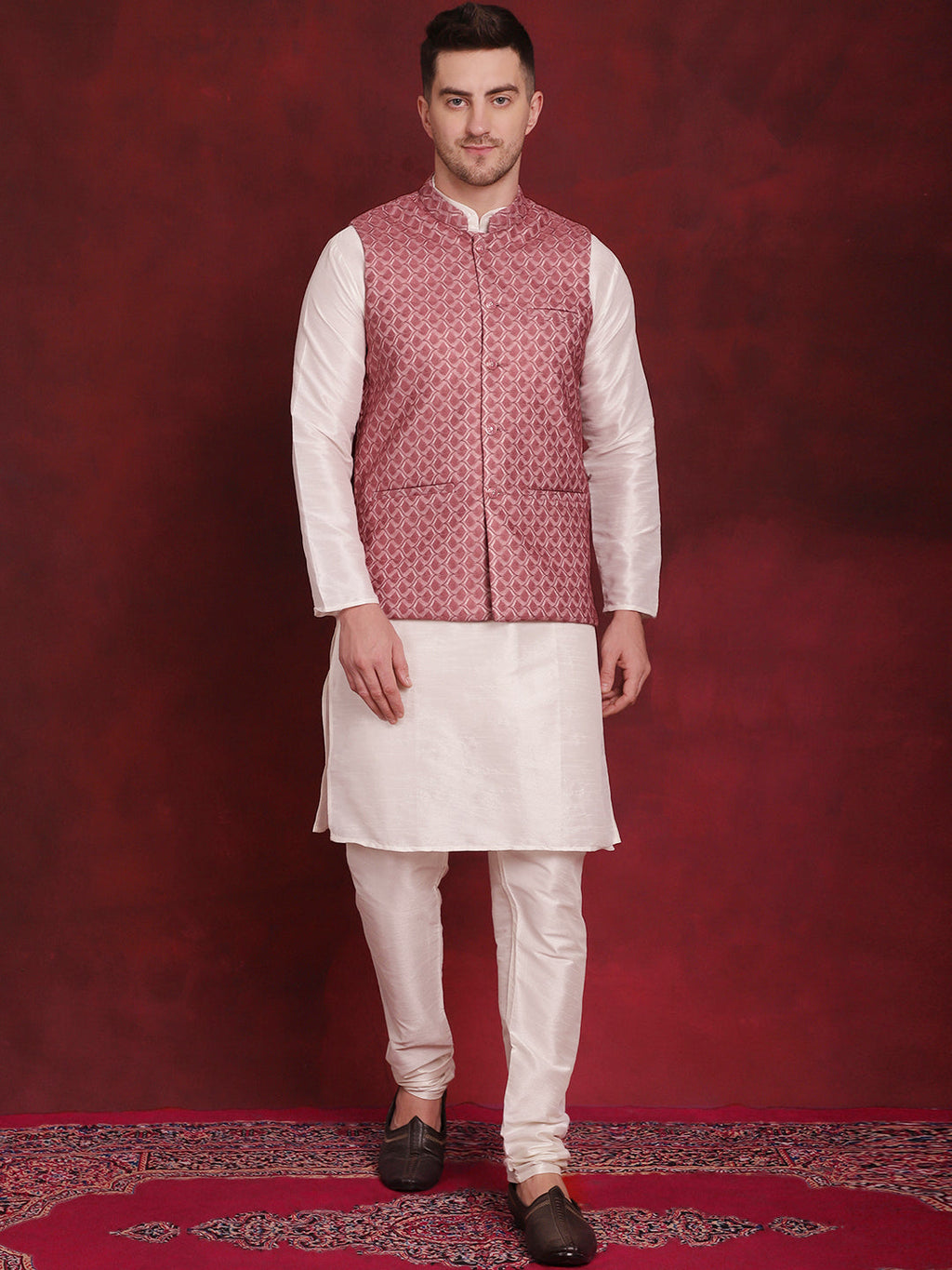 Jompers Men's Coral Woven Design Nehru Jacket With Kurta Pyjama Set