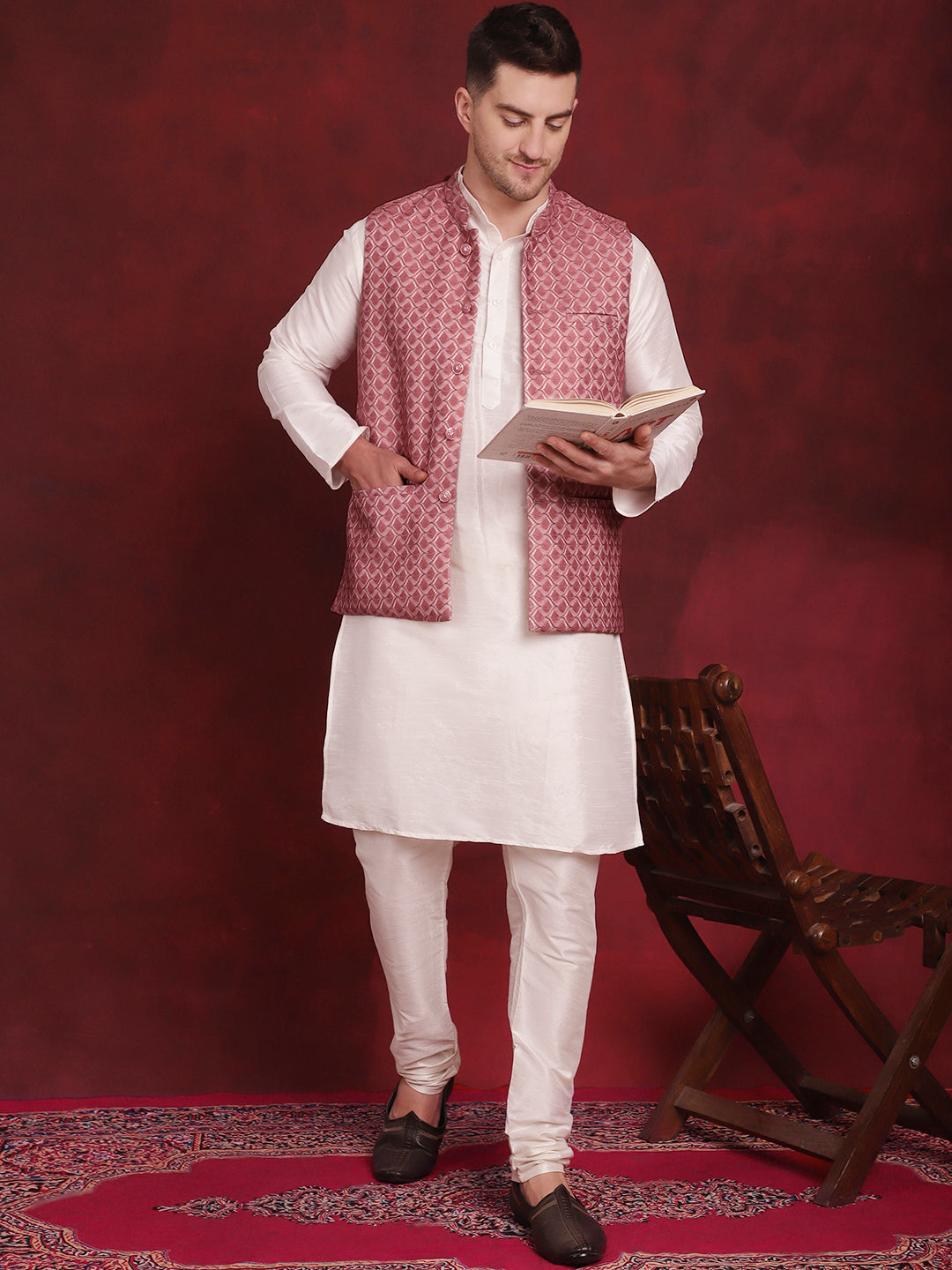 Jompers Men's Coral Woven Design Nehru Jacket With Kurta Pyjama Set