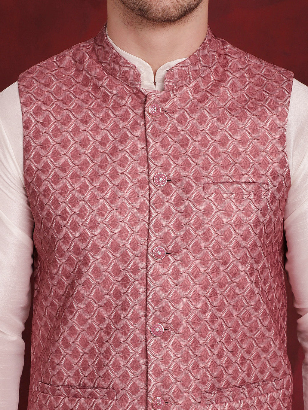 Jompers Men's Coral Woven Design Nehru Jacket With Kurta Pyjama Set
