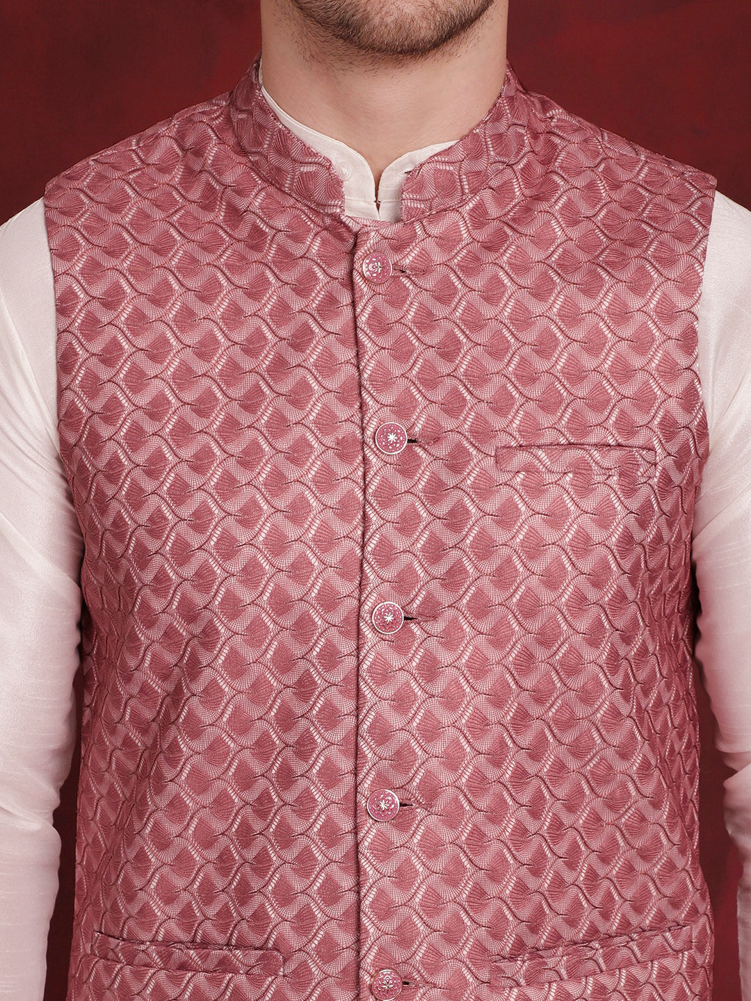 Jompers Men's Coral Woven Design Nehru Jacket With Kurta Pyjama Set