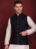 Jompers Men's Navy Blue Woven Design Nehru Jacket With Kurta Pyjama Set