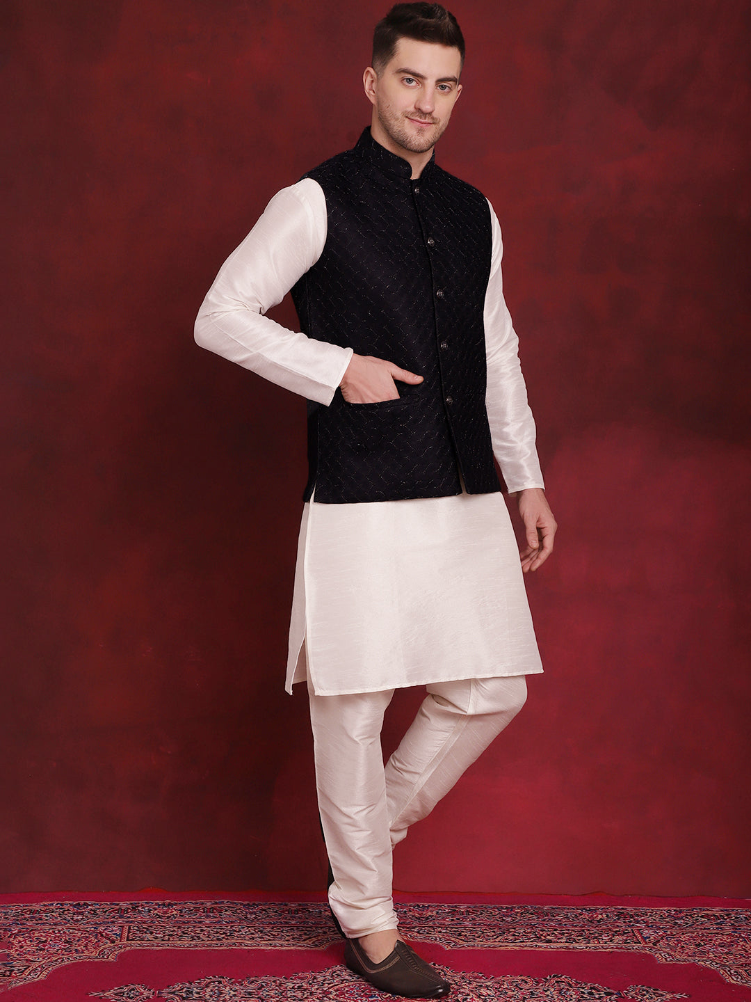 Jompers Men's Navy Blue Woven Design Nehru Jacket With Kurta Pyjama Set