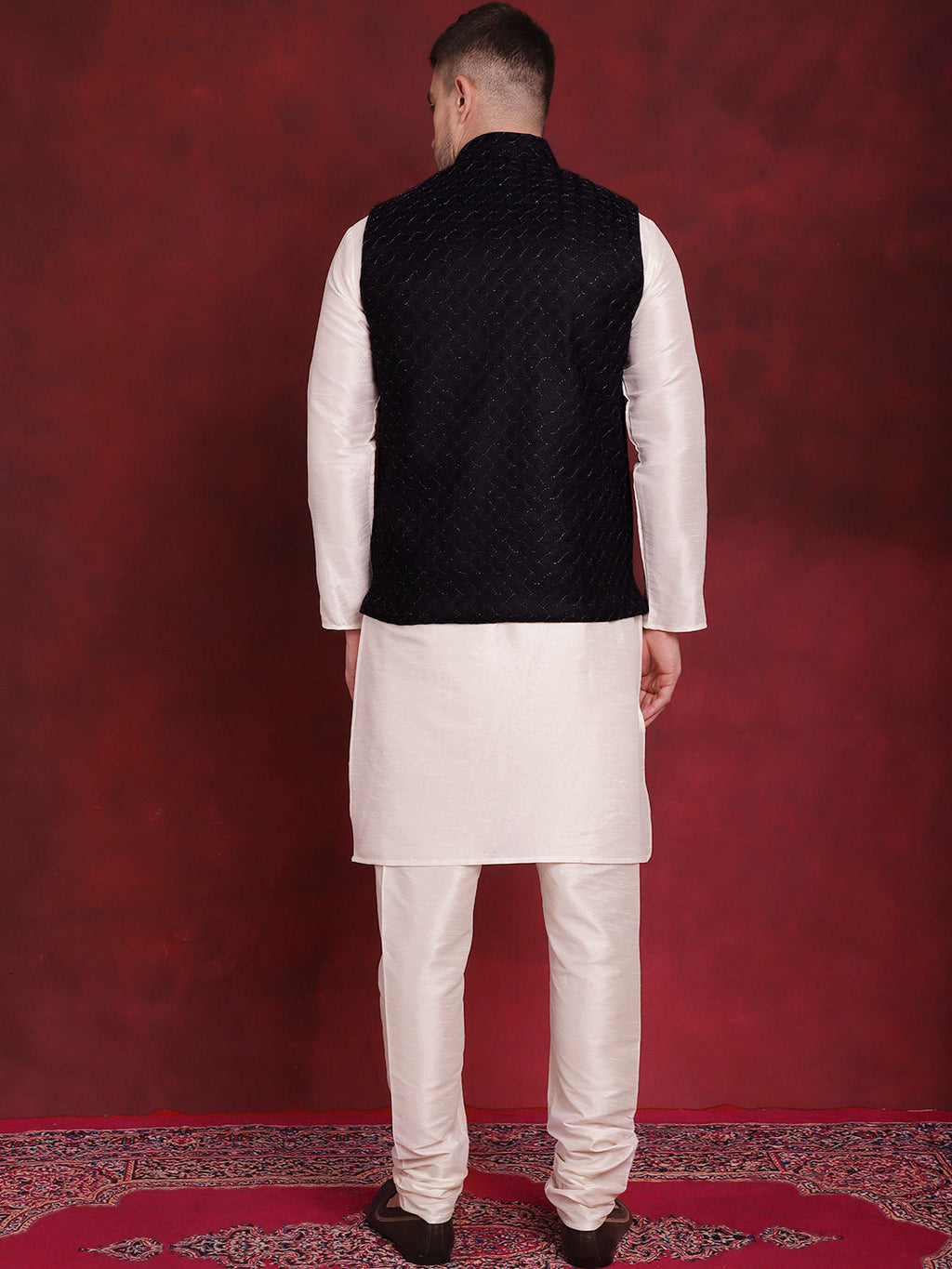 Jompers Men's Navy Blue Woven Design Nehru Jacket With Kurta Pyjama Set