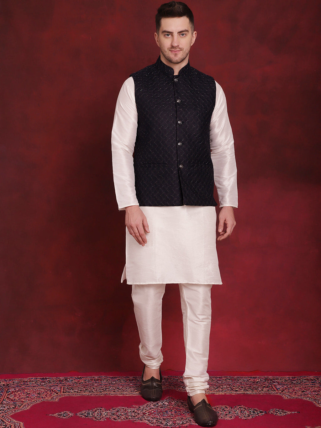 Jompers Men's Navy Blue Woven Design Nehru Jacket With Kurta Pyjama Set