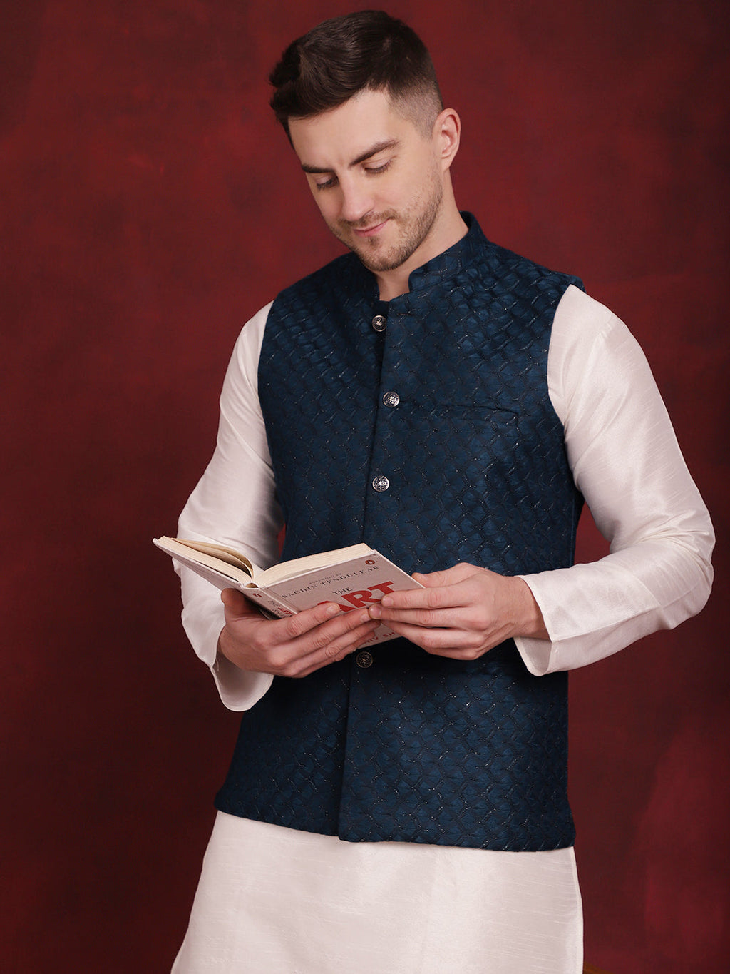 Jompers Men's Blue Woven Design Nehru Jacket With Kurta Pyjama Set