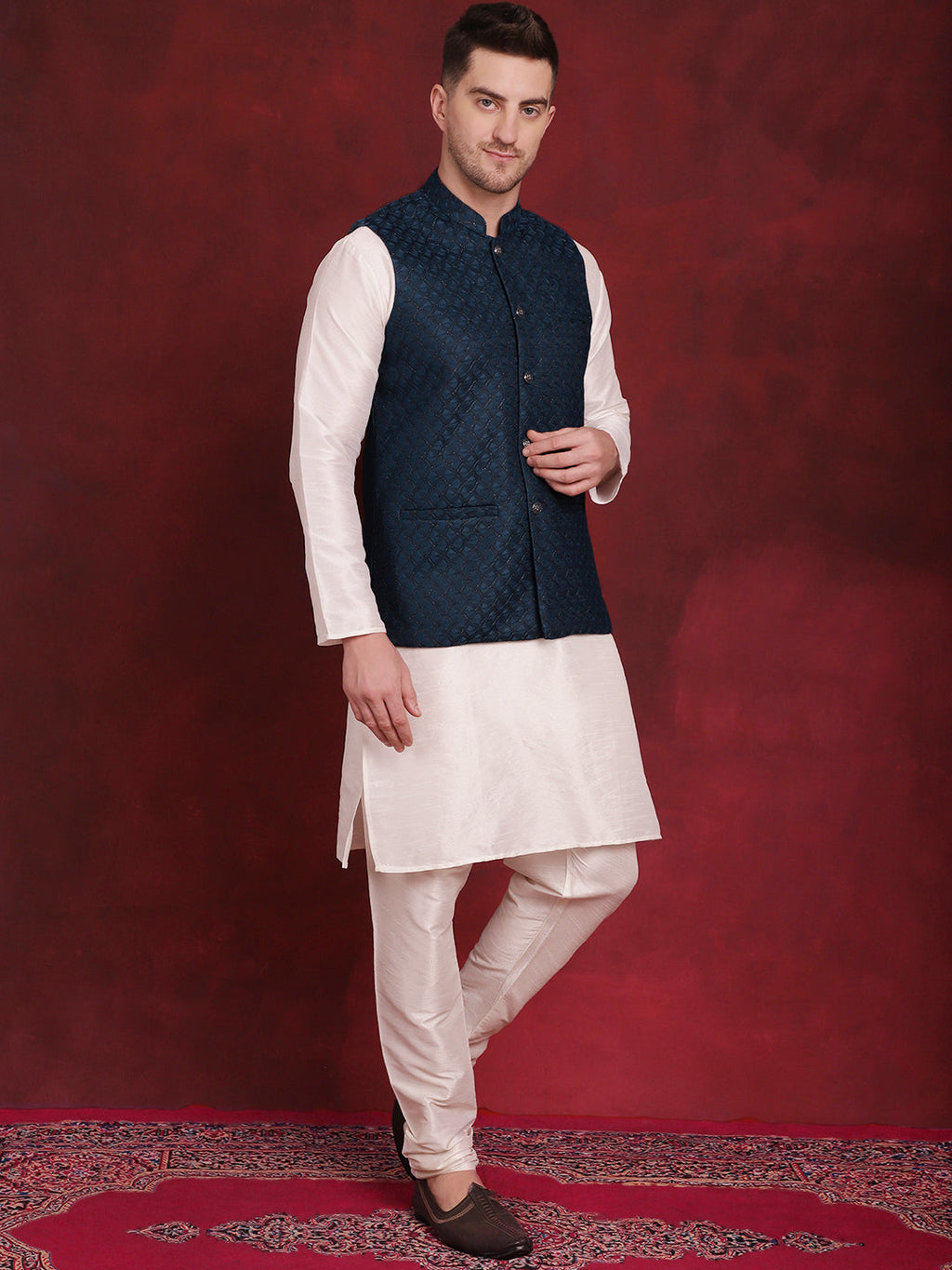 Jompers Men's Blue Woven Design Nehru Jacket With Kurta Pyjama Set