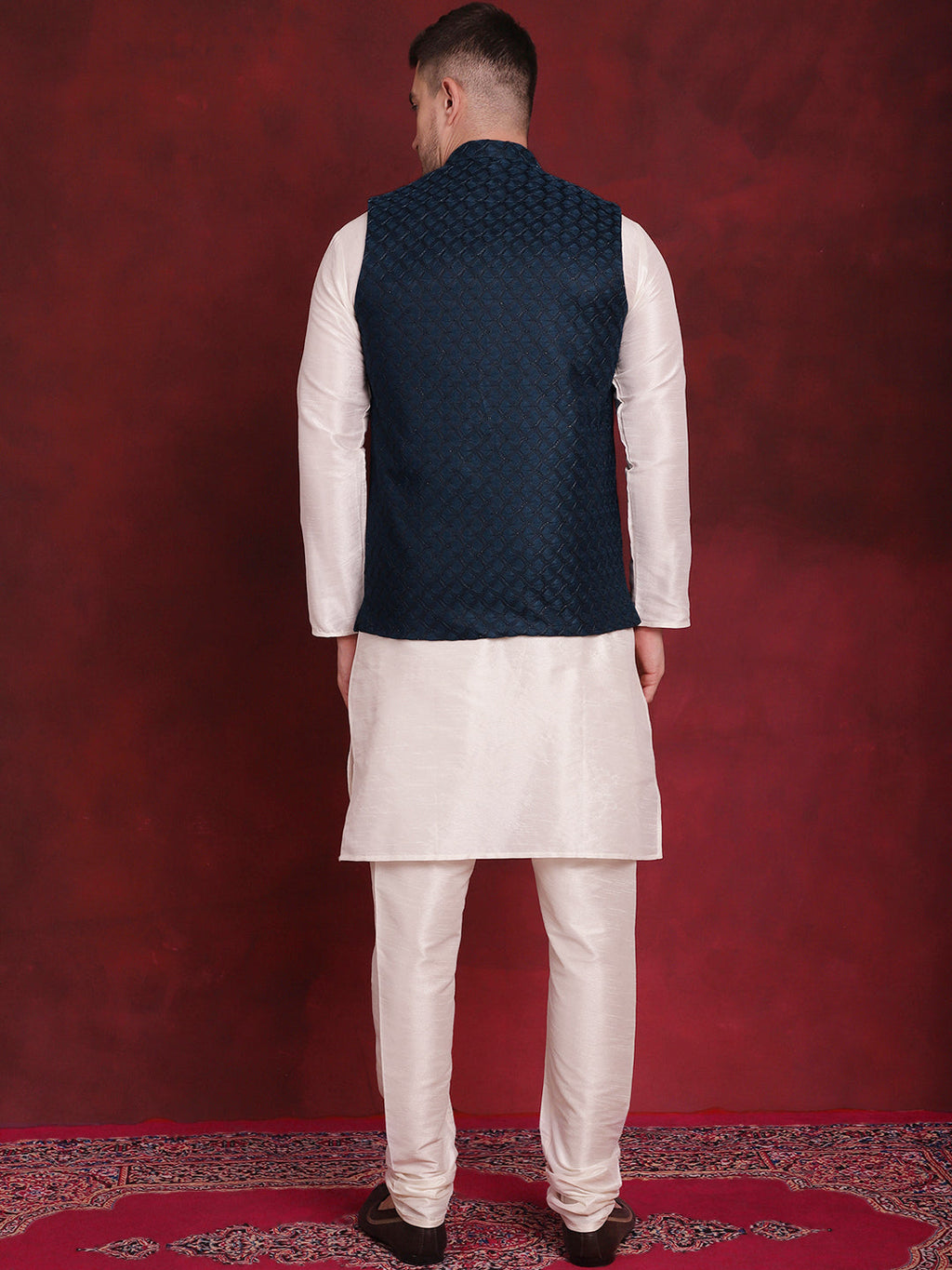 Jompers Men's Blue Woven Design Nehru Jacket With Kurta Pyjama Set