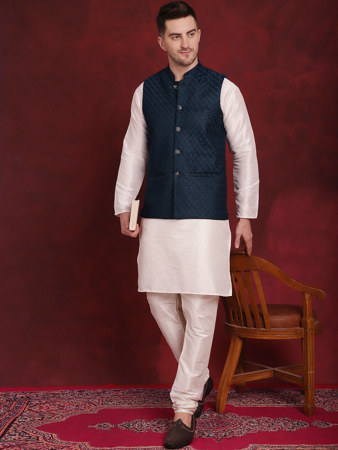Jompers Men's Blue Woven Design Nehru Jacket With Kurta Pyjama Set