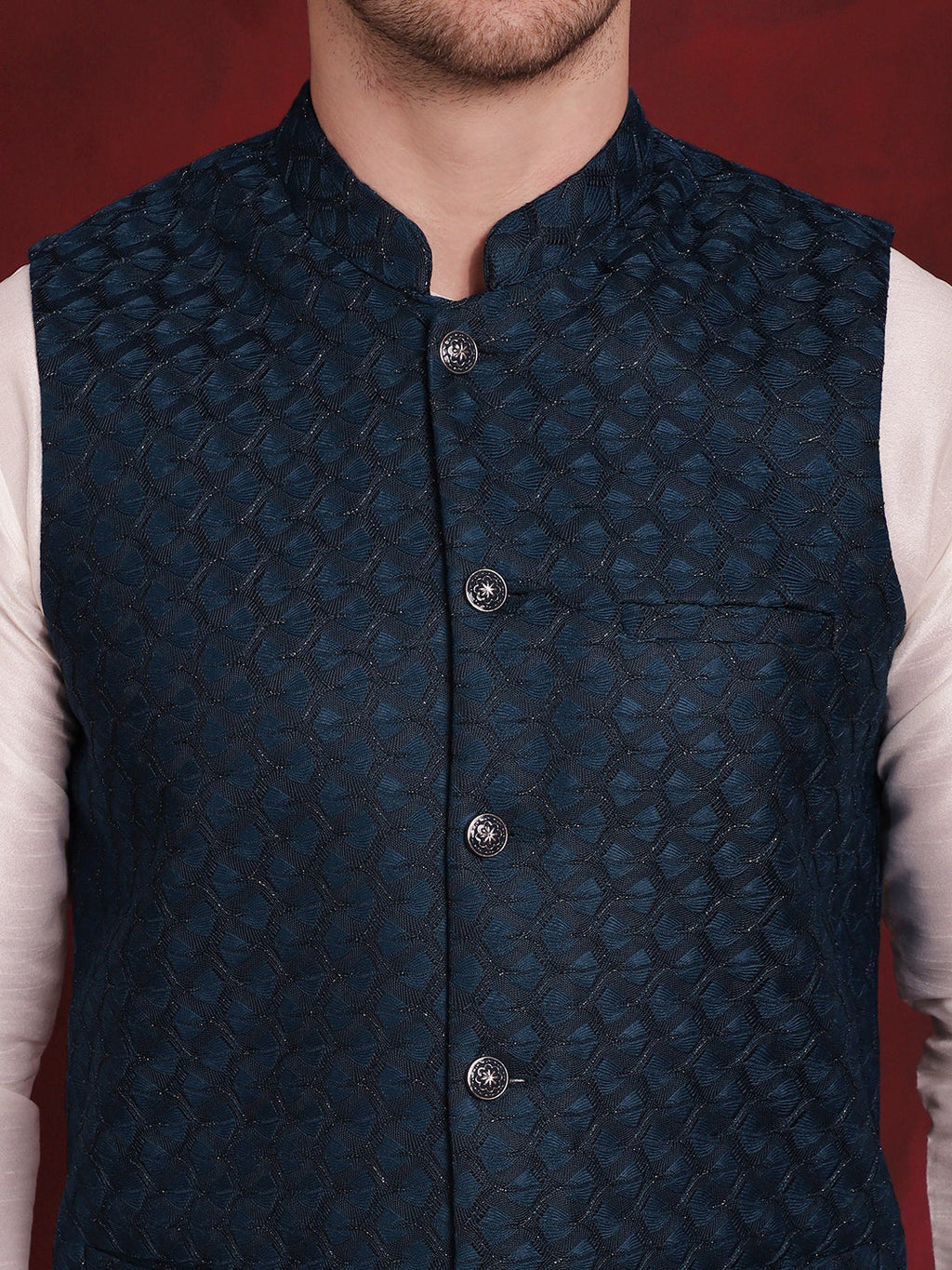 Jompers Men's Blue Woven Design Nehru Jacket With Kurta Pyjama Set