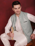 Jompers Men's Green Woven Design Nehru Jacket With Kurta Pyjama Set