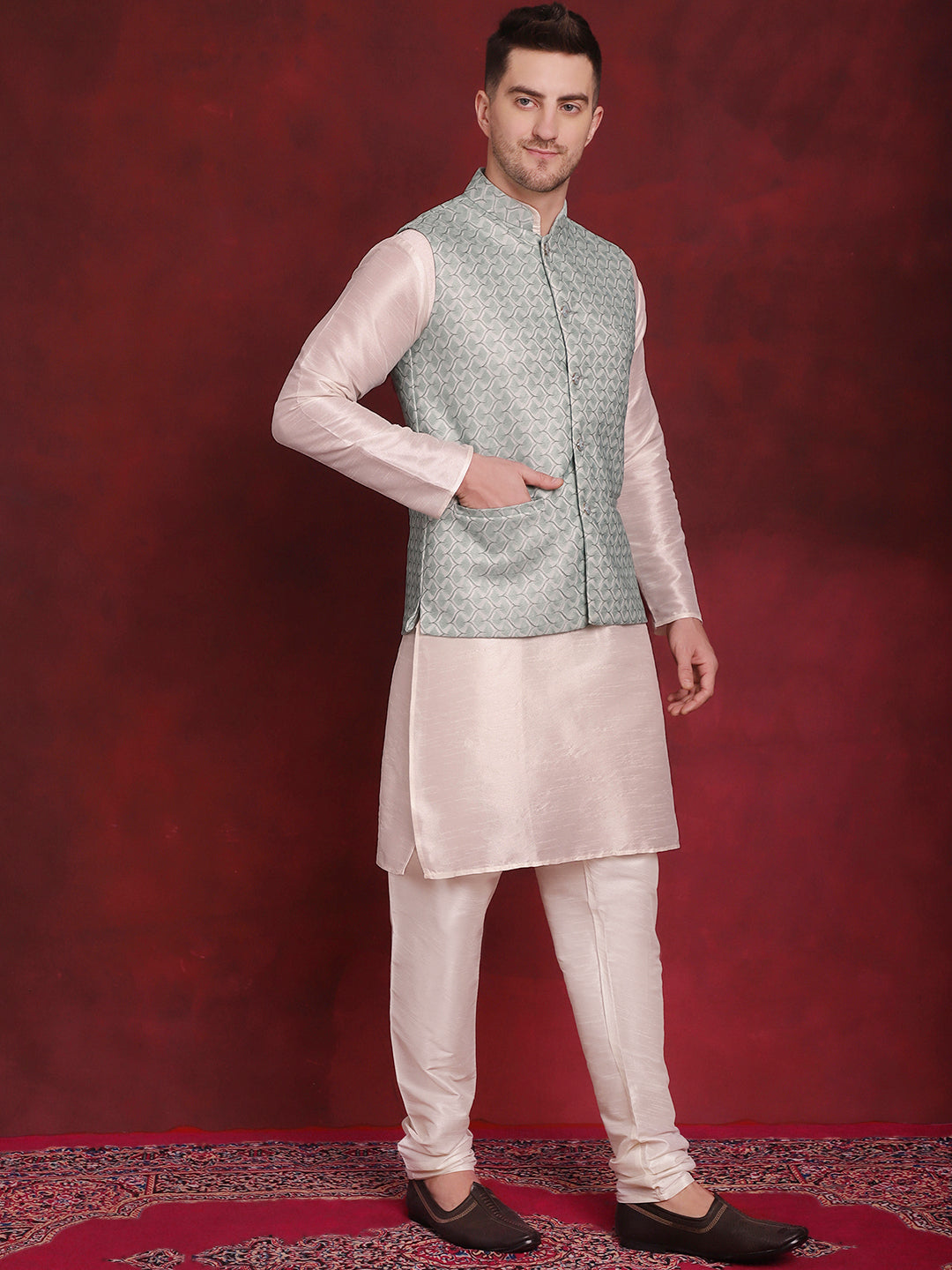 Jompers Men's Green Woven Design Nehru Jacket With Kurta Pyjama Set