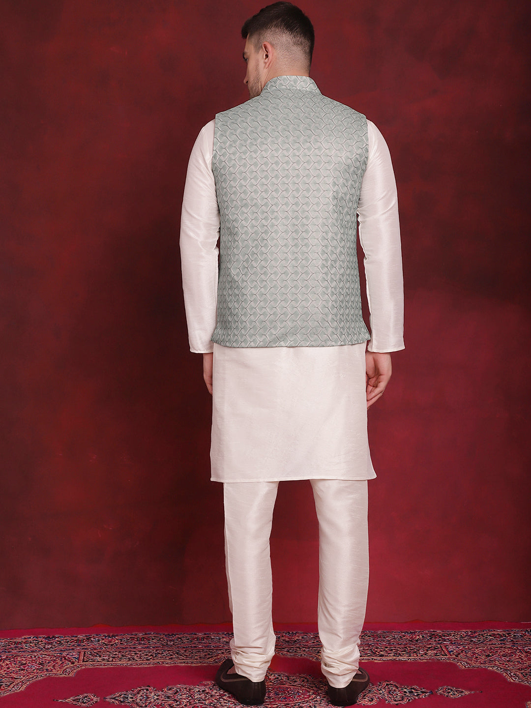 Jompers Men's Green Woven Design Nehru Jacket With Kurta Pyjama Set