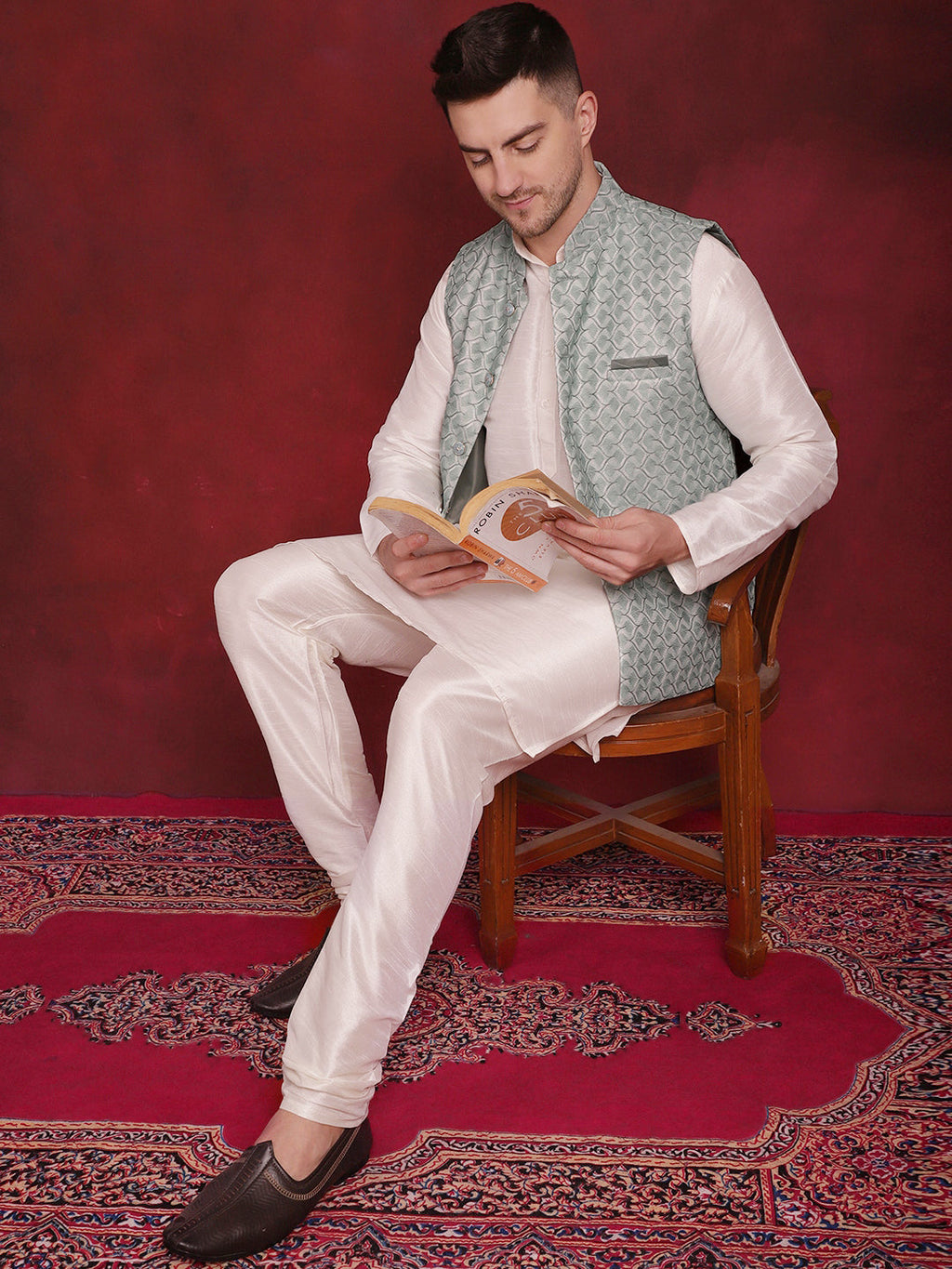Jompers Men's Green Woven Design Nehru Jacket With Kurta Pyjama Set