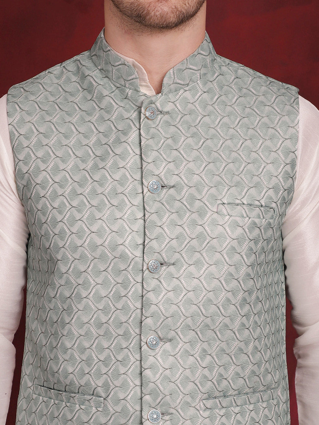 Jompers Men's Green Woven Design Nehru Jacket With Kurta Pyjama Set
